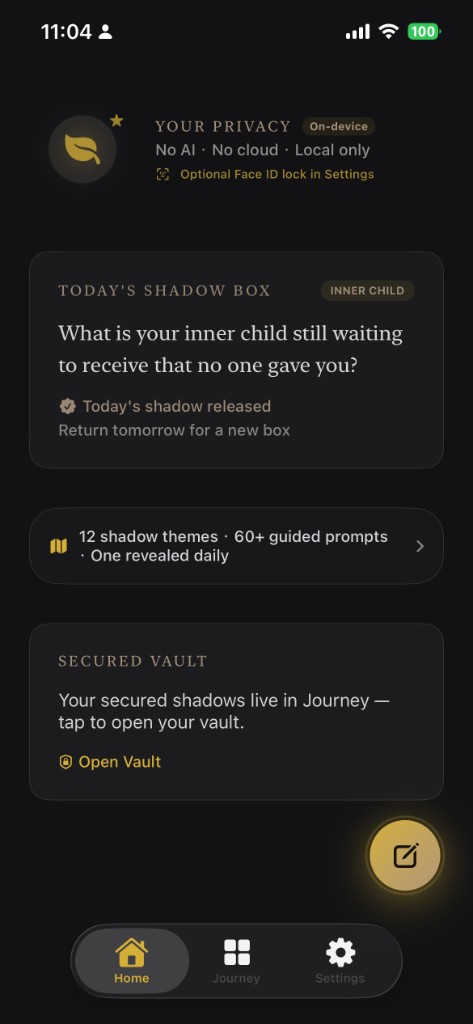 Shadow Work Journal: Sanctuary home screen — Today's Shadow Box and on-device privacy