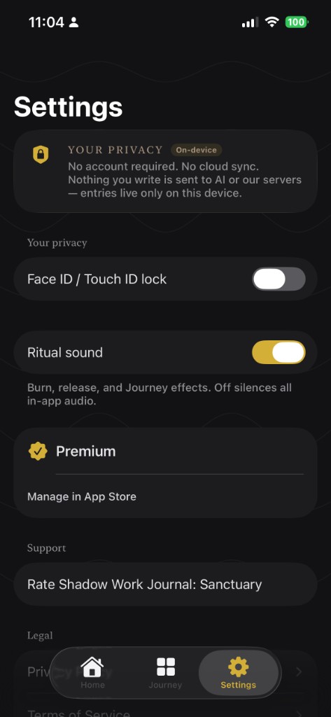 Settings — on-device privacy and optional Face ID