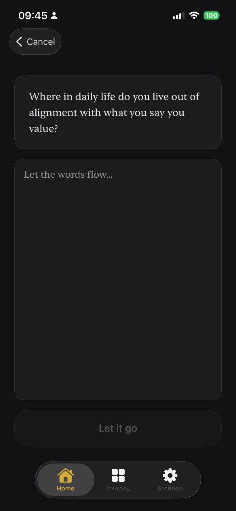 Writing screen — daily prompt and Let it go